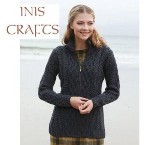 Inis Crafts Merino Wool Cable Zip Cardigan Ireland Grey Fitted Sweater medium